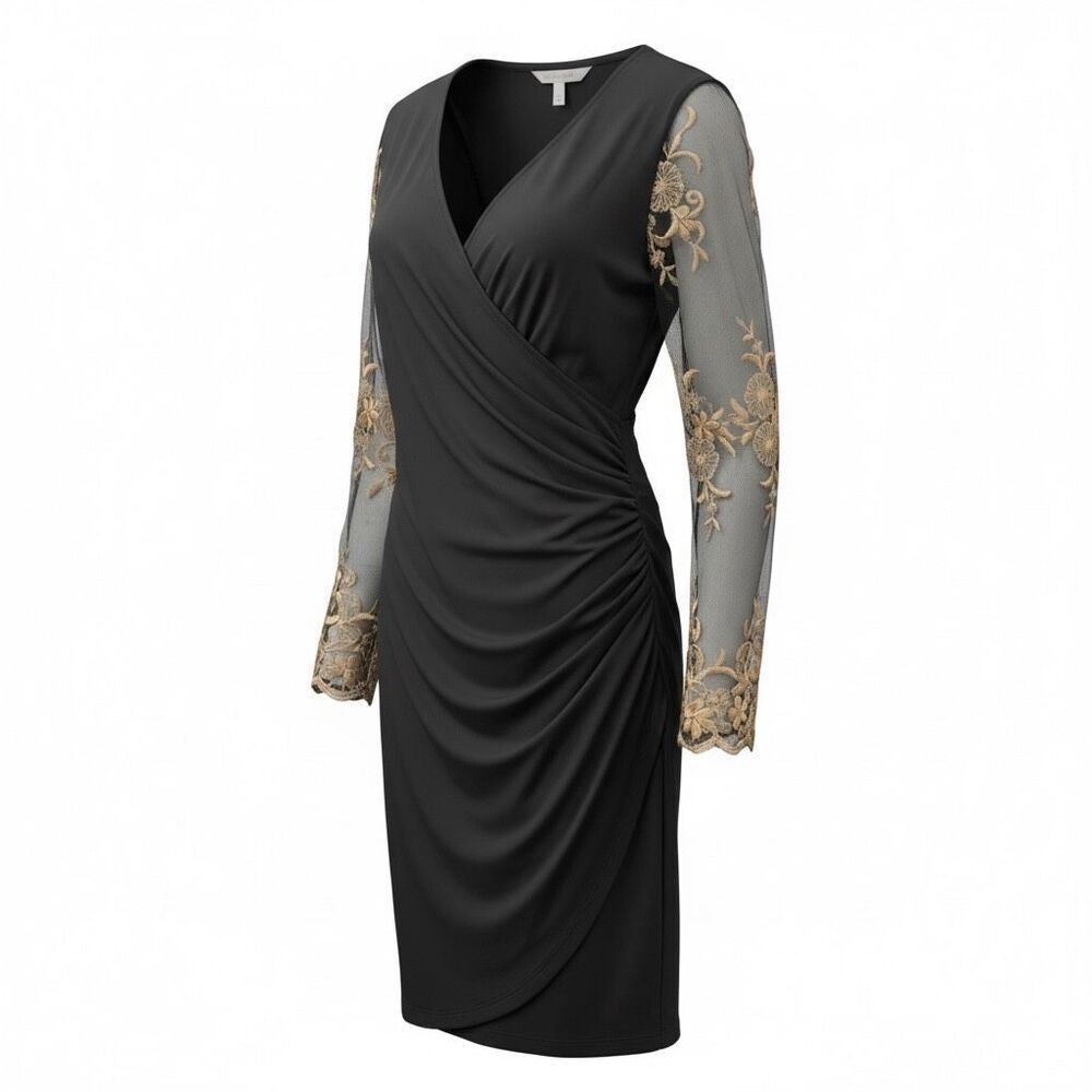 Philosophy Republic Clothing Black Wrap Dress with Embroidered Sheer Sleeves XL